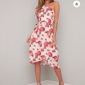 Chi Chi Floral Print Wrap Design Midi Dress in Nude,Size Uk 8 ,Small ,US 4